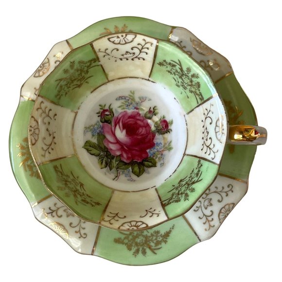 Teacup and Saucer Vintage Old Gold Japan Mint Green and Rose Floral Hand Painted - Picture 12 of 13